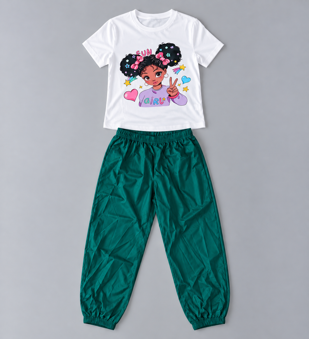 Girls white Fun Girl graphic short-sleeve tee with deep green elastic-waist jogger pants two-piece outfit