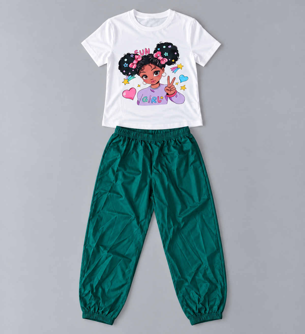 Girls white Fun Girl graphic short-sleeve tee with deep green elastic-waist jogger pants two-piece outfit