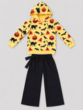 Girls yellow Halloween print hoodie and black wide-leg pants two-piece outfit, front view