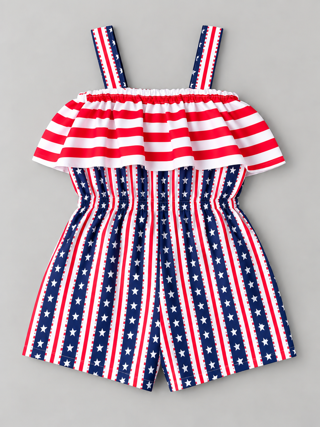 Back view of girls patriotic star and stripe romper with ruffled neckline and elastic waist