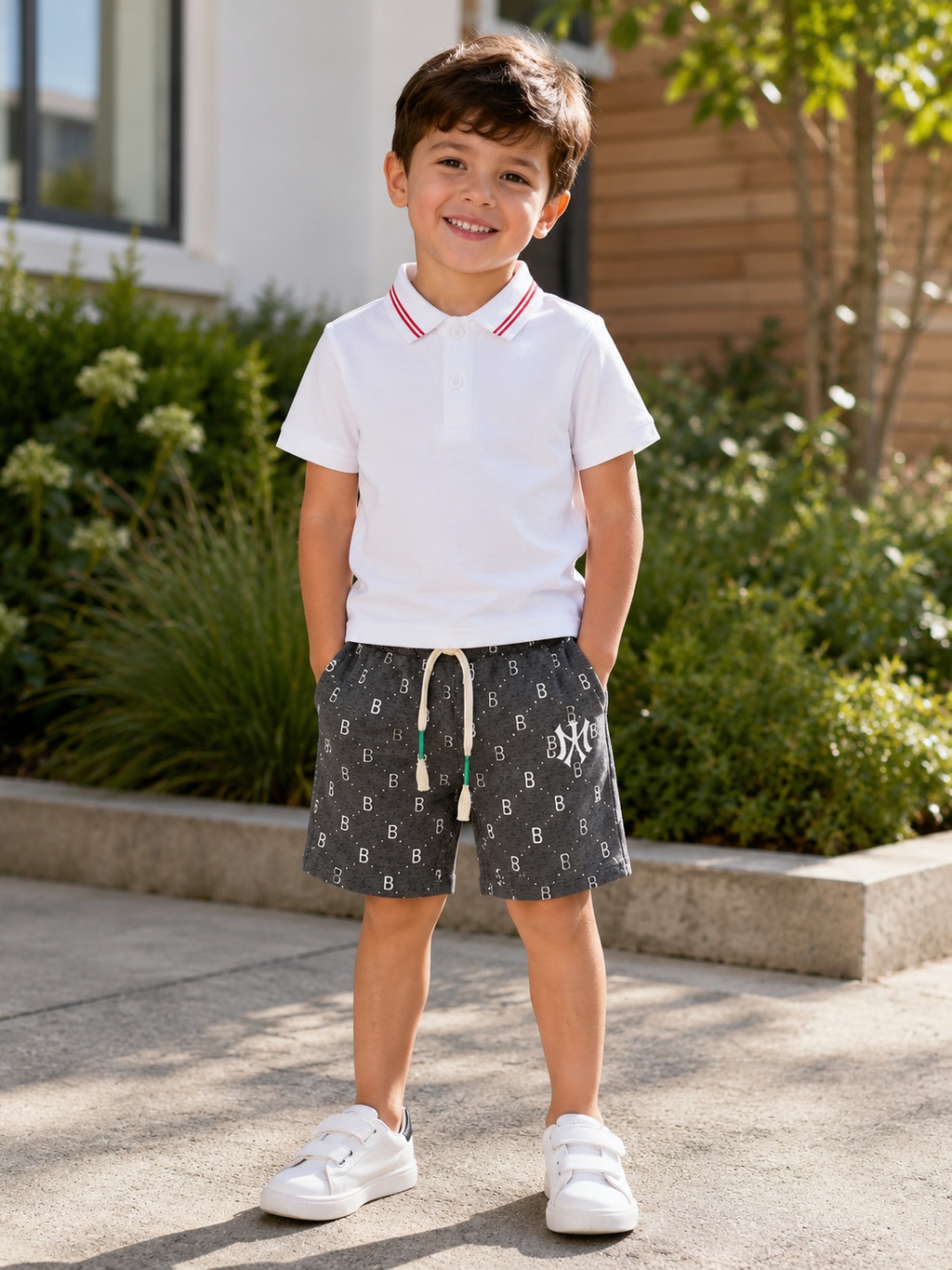 A young boy stands outdoors wearing a white short-sleeve polo shirt with red and navy trim, dark gray patterned shorts with a white drawstring and monogram, and white sneakers.
