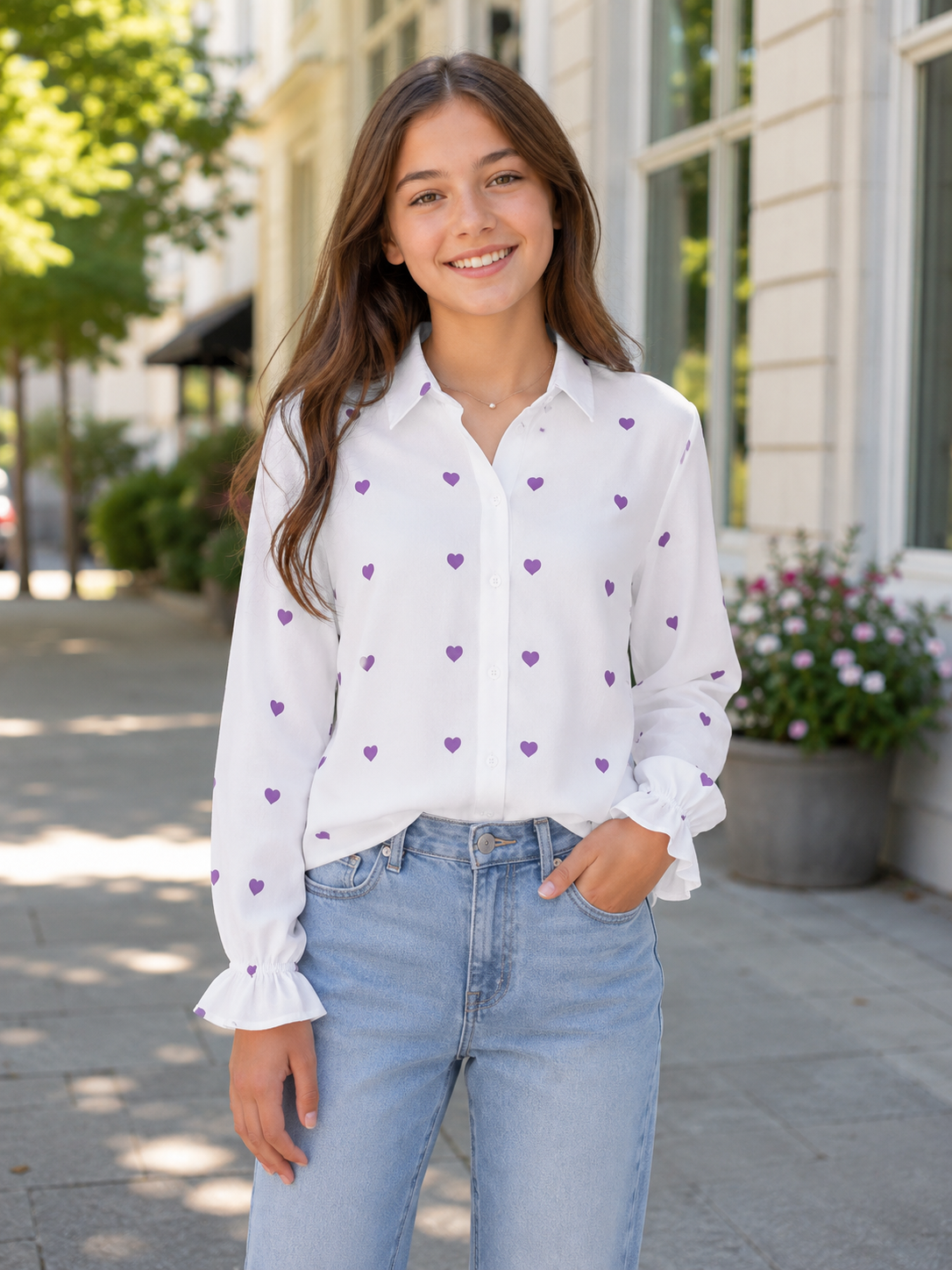 Lavender Heart Print Button-Up Blouse
