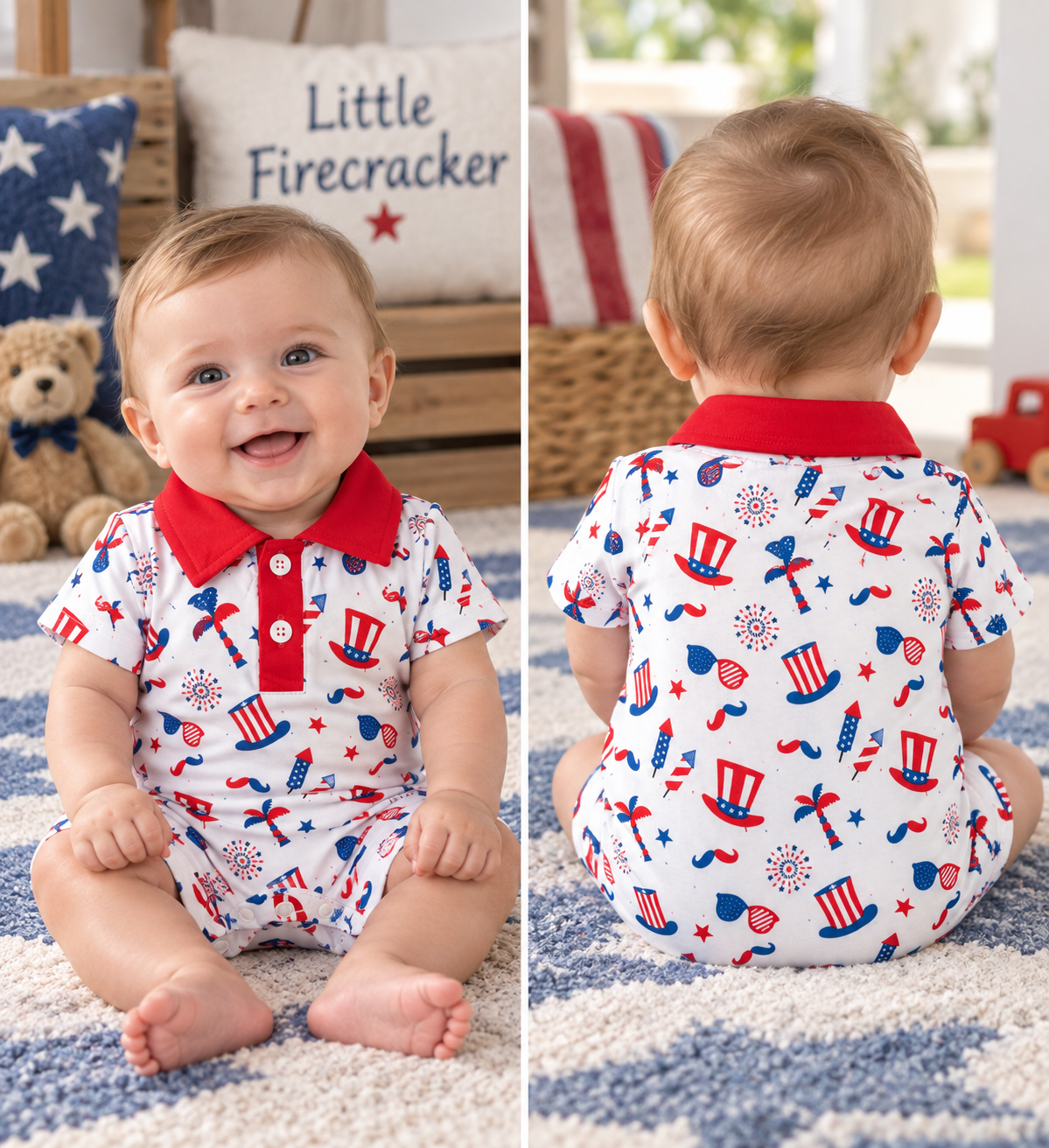 Baby Boys Patriotic Print Polo Romper