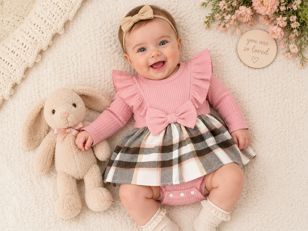 Pink Plaid Bow Long Sleeve Dressy Romper