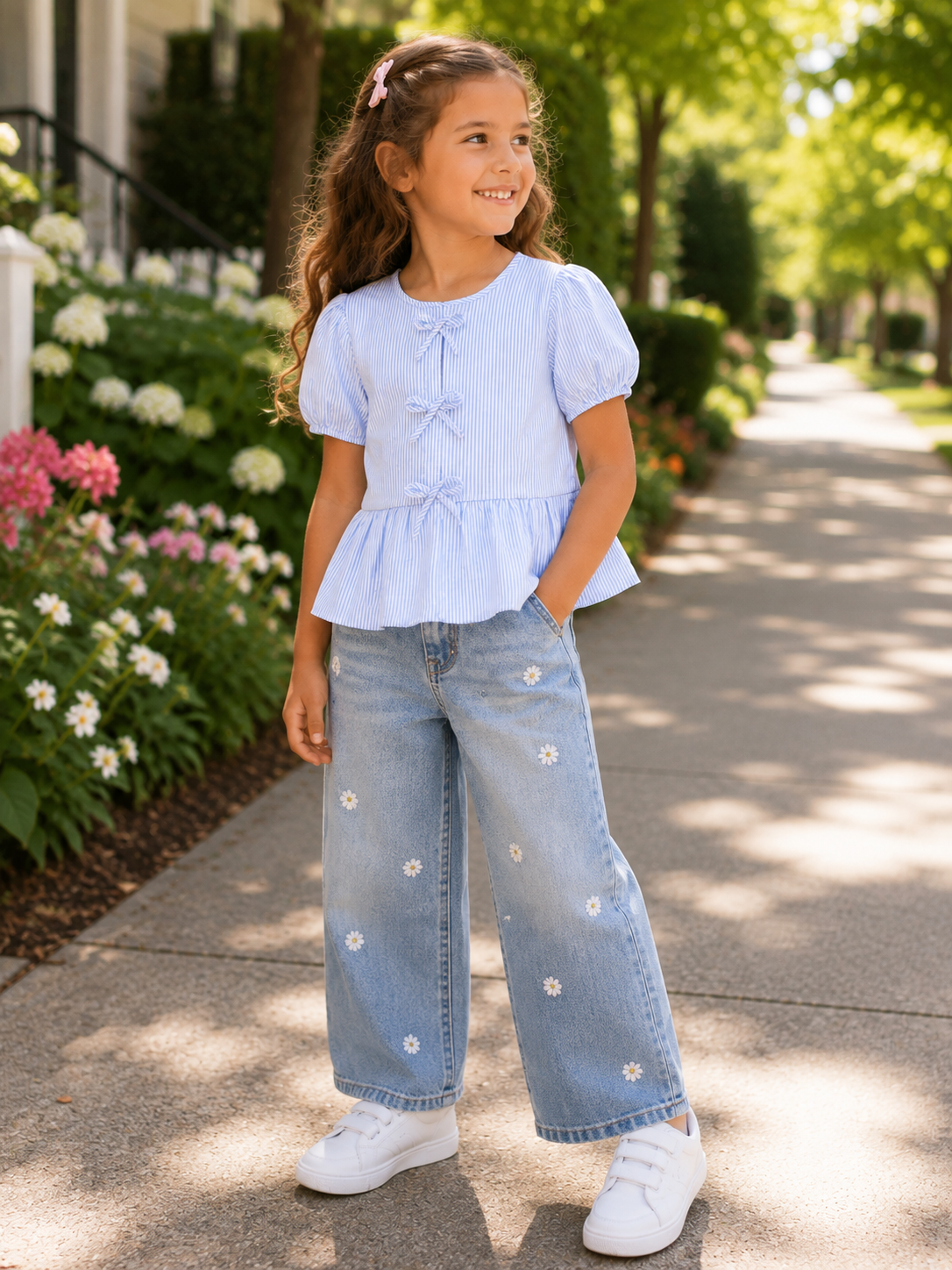 Girls’ Blue Striped Bow-Front Puff Sleeve Dress