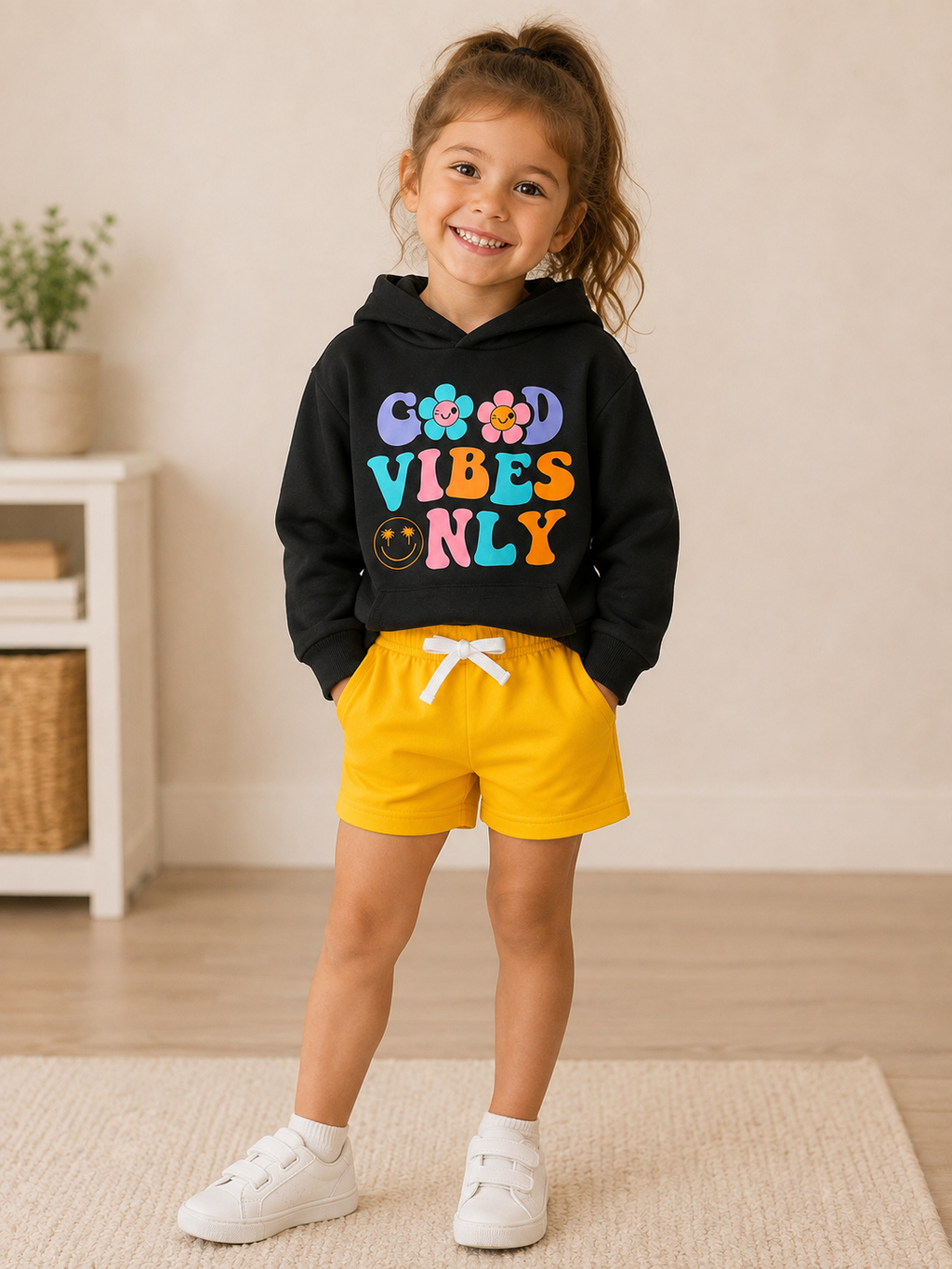 A young girl smiling and posing in a black hoodie with a colorful 'GOOD VIBES ONLY' graphic and bright yellow shorts.