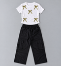 Girls white bow accent top with ruched elastic sides and black wide-leg cargo pants two-piece outfit