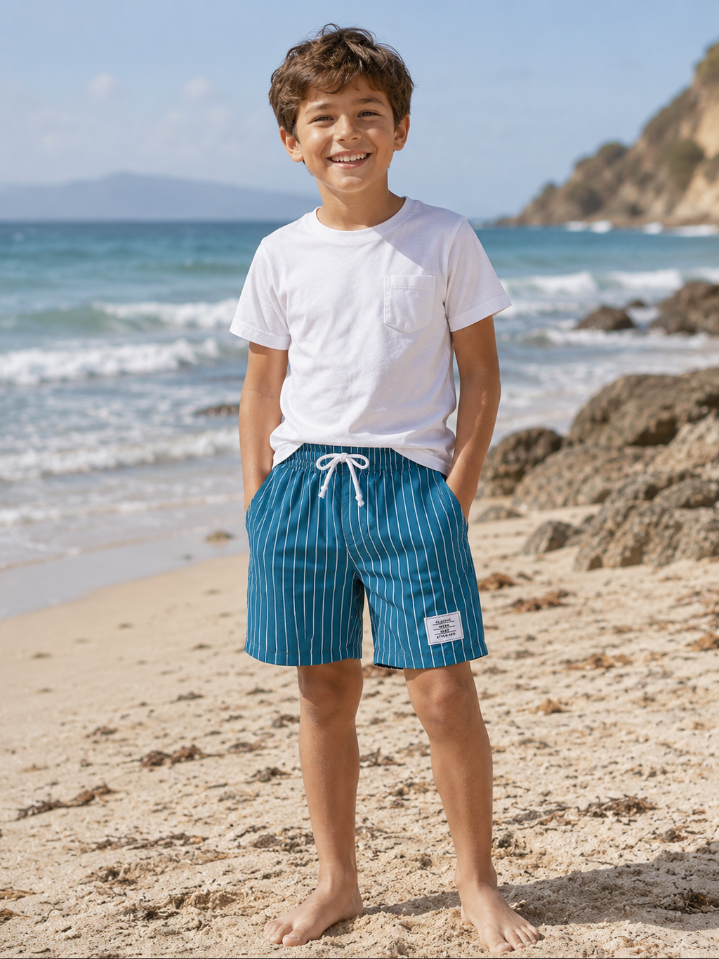 Teal Blue & White Pinstripe Drawstring Shorts