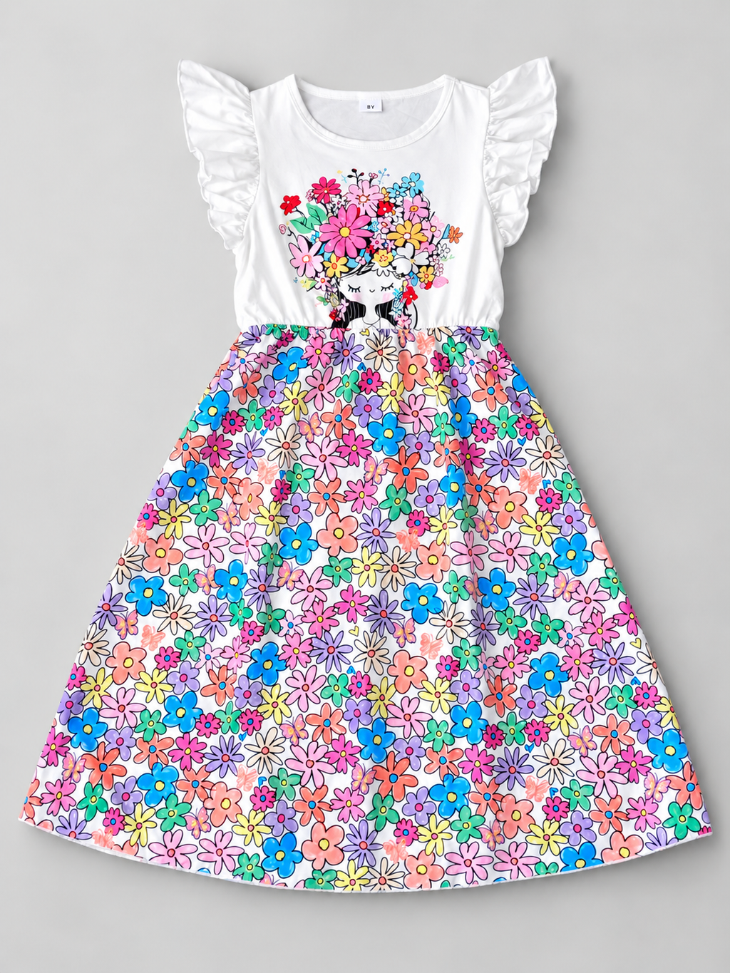 Girls white ruffle sleeve dress with colorful flower girl graphic and multicolor floral butterfly print skirt