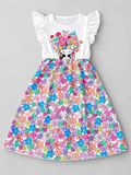 Girls white ruffle sleeve dress with colorful flower girl graphic and multicolor floral butterfly print skirt