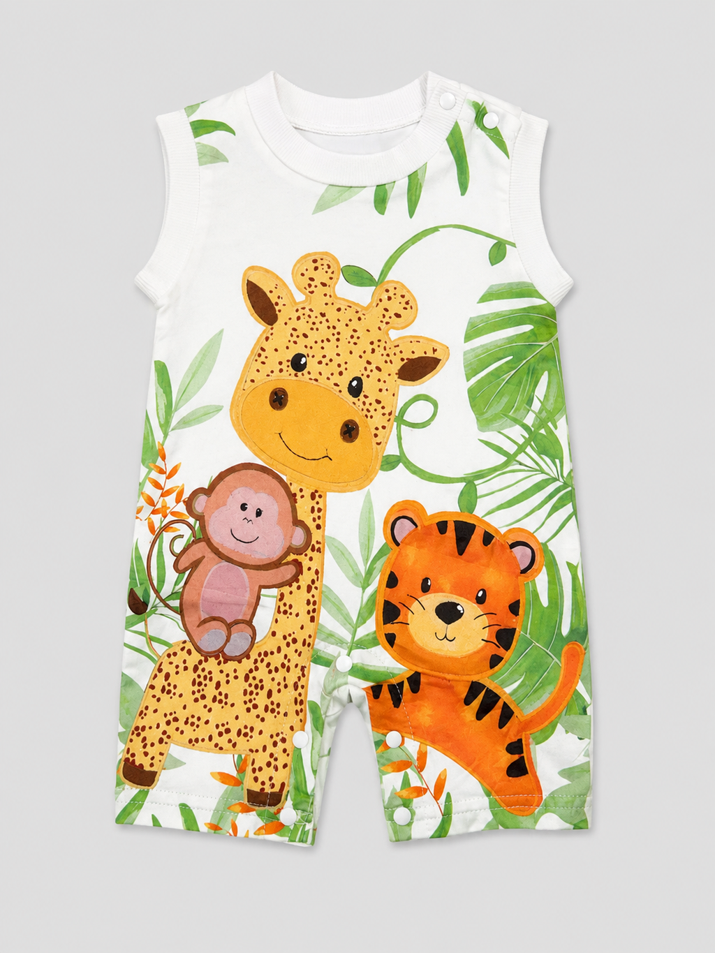 Shop this adorable Jungle Friends Baby Romper featuring playful giraffe, monkey and tiger characters with a tropical leaf print, shoulder snaps and convenient bottom closures.