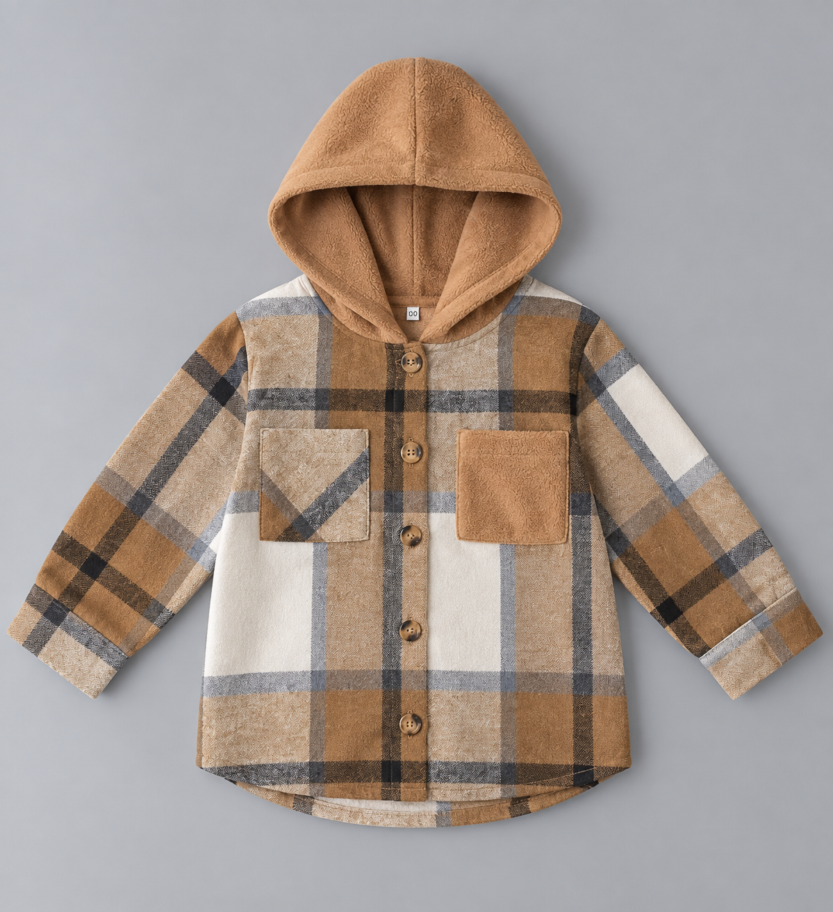 Boys tan cream gray and black plaid hooded button-front shirt with chest patch pockets
