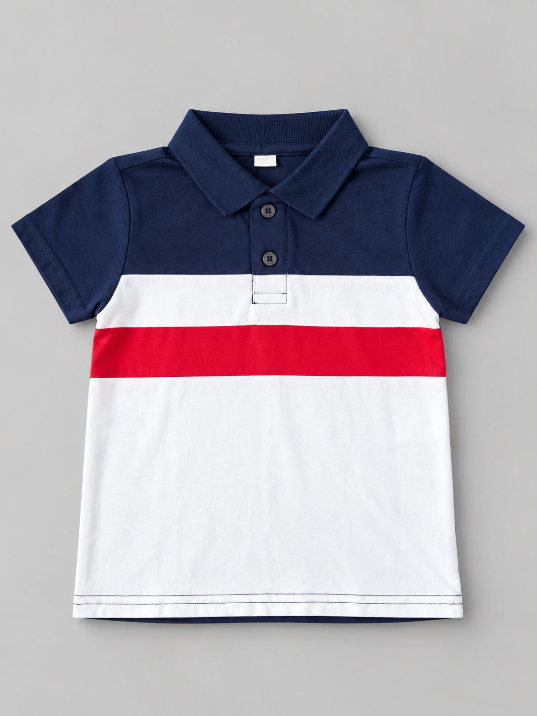 Boys navy white and red colorblock short sleeve polo shirt with two-button placket
