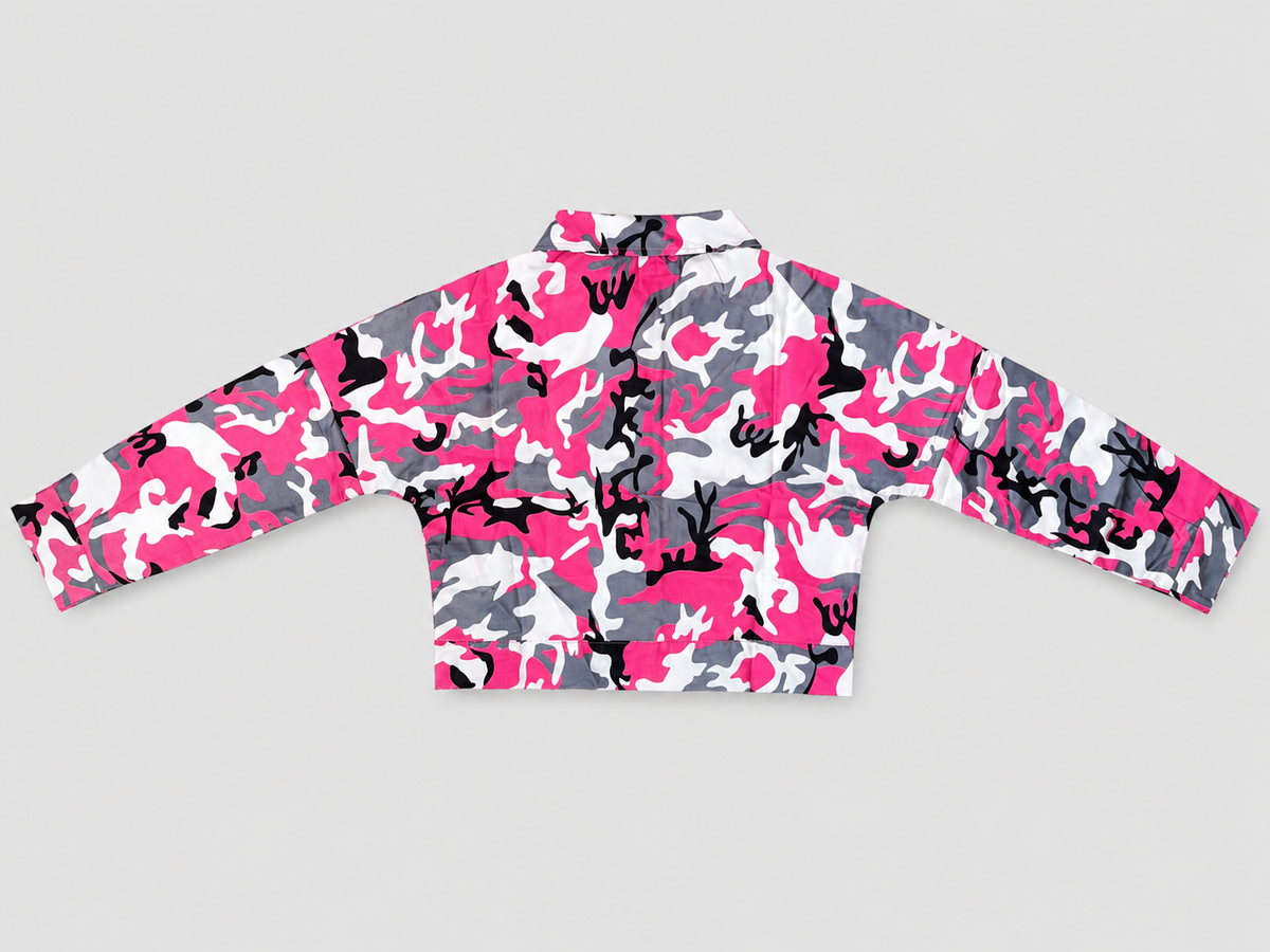 Shop this stylish pink camouflage kids jacket featuring a lightweight design, classic collar, button-front closure, long sleeves, and flap chest pockets. Available in sizes 8–10, 11–12, and 13–14 Years.