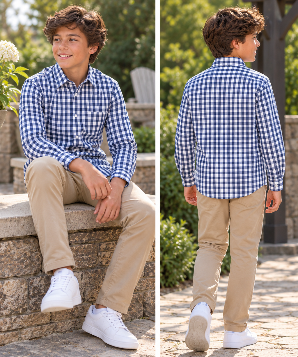 Boys Navy & White Gingham Long-Sleeve Button-Up Shirt