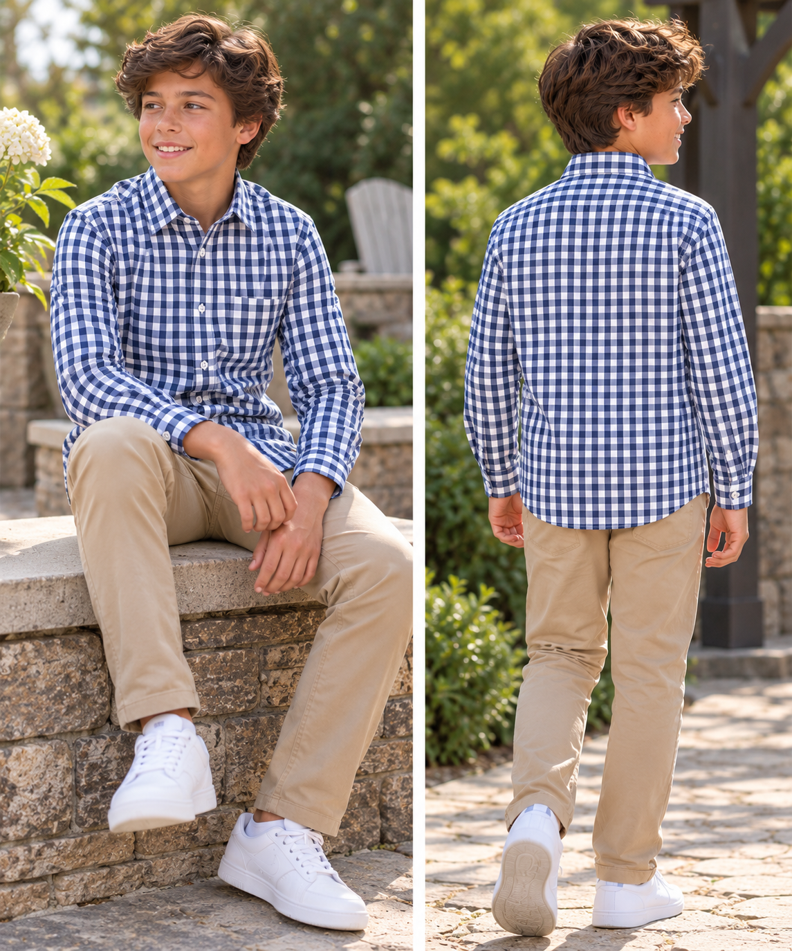 Boys Navy & White Gingham Long-Sleeve Button-Up Shirt