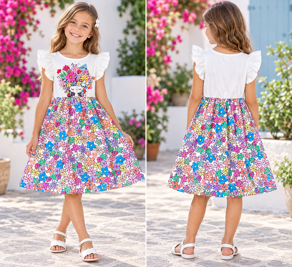Colorful Floral Girl Graphic Ruffle Sleeve Dress