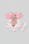 Baby girl pink polka dot bubble romper featuring an embroidered teddy bear applique, flutter sleeves, layered ruffles, and a matching headband. A boutique outfit perfect for birthdays, family photos, baby showers, and everyday wear.