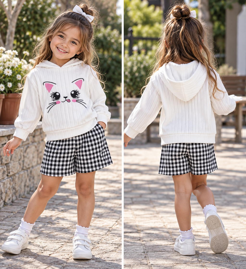Cat Face Hooded Top & Gingham Shorts Set