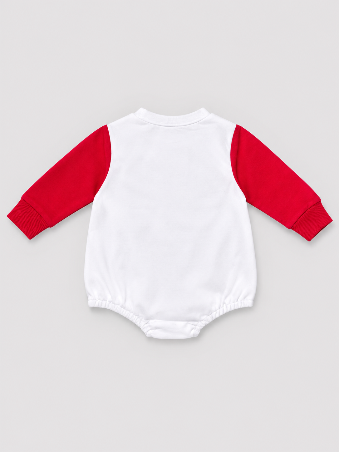 Unisex baby white bubble romper with solid red long sleeves and snap bottom closure, back view, size 9–12M.