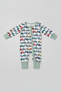 Soft baby tractor print zip-up sleeper featuring a full-length zipper, long sleeves, and comfortable ribbed cuffs. Perfect for sleeping, playing, and everyday adventures.