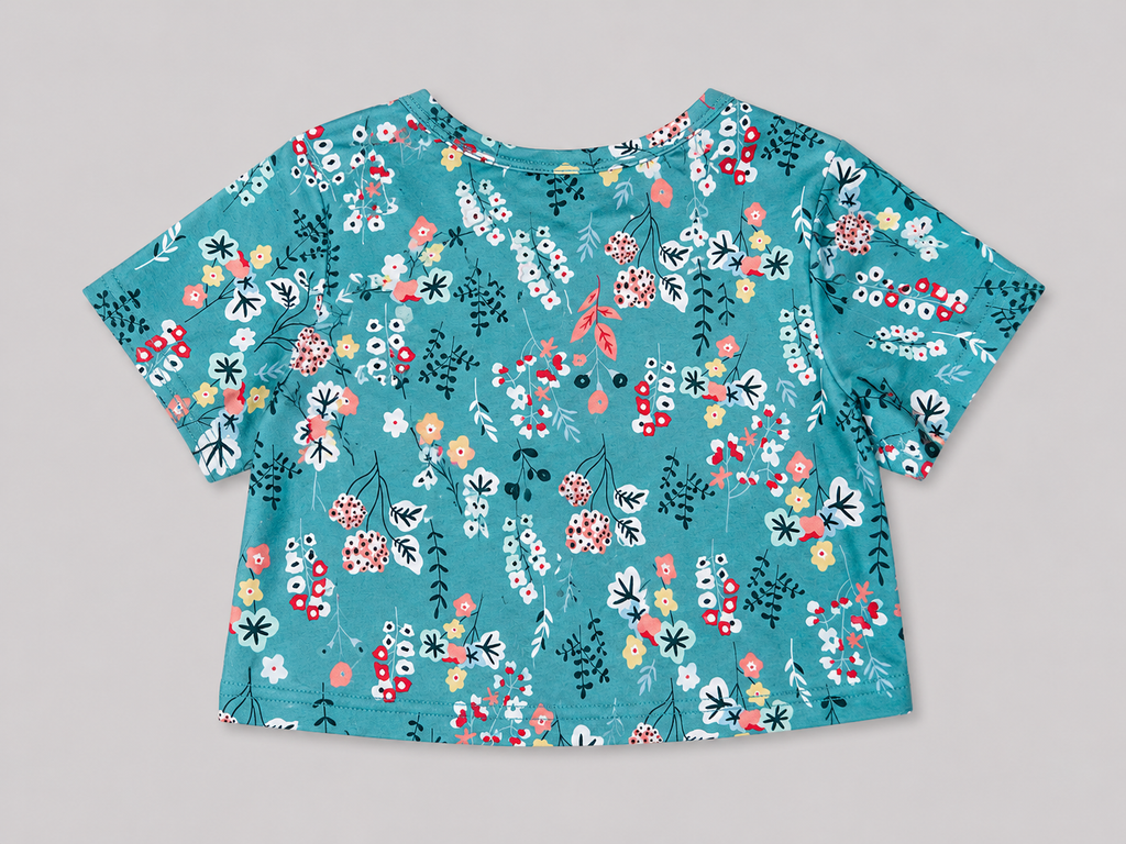 Girls' teal floral print short-sleeve top featuring a colorful botanical pattern and comfortable everyday style.  perfect for school, casual outings, spring, summer, and everyday wear.
