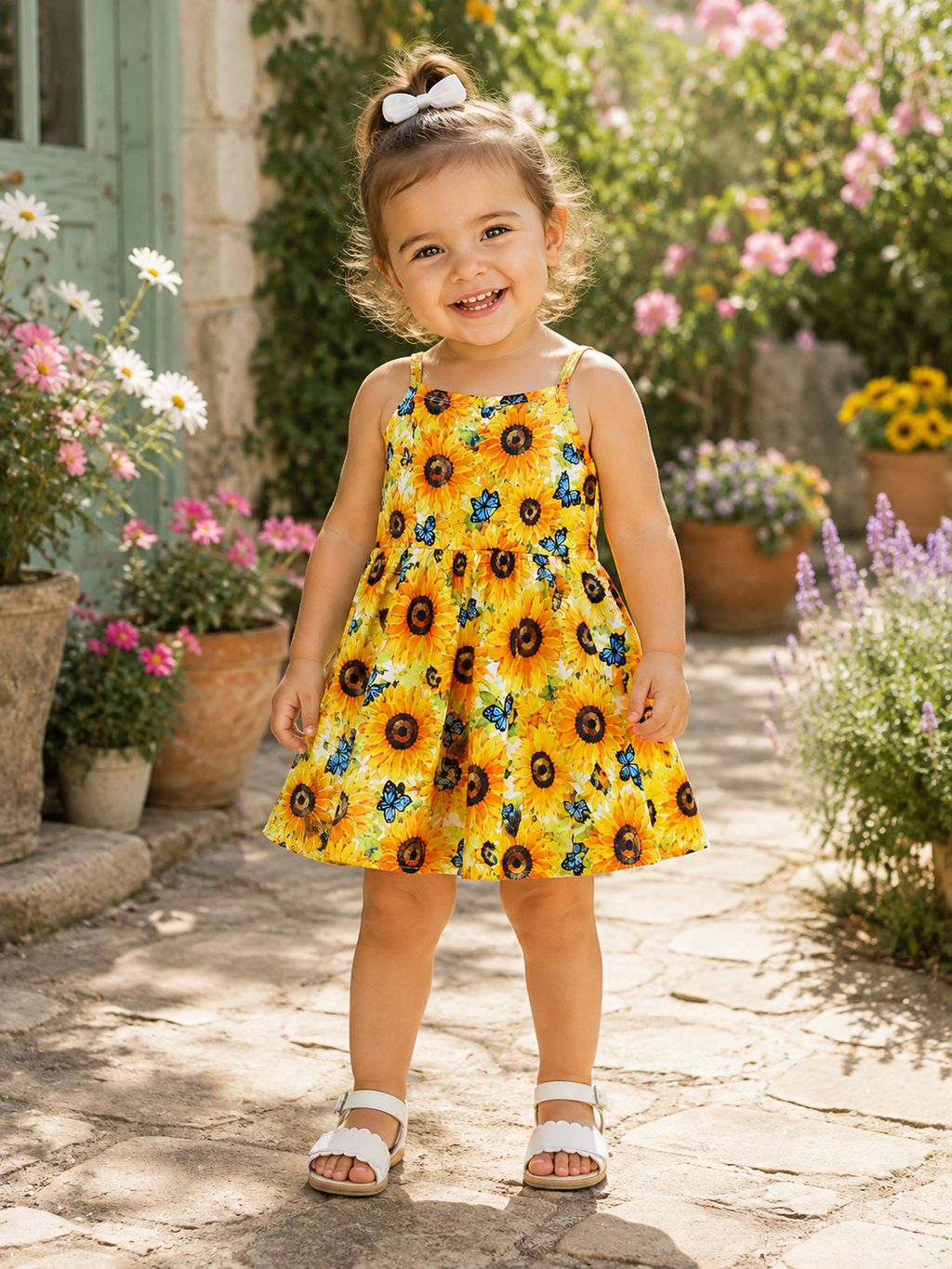 Sunflower & Blue Butterfly Girls Dress