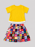 Girls yellow ribbed short-sleeve top with white layered hem and colorful floral checkerboard skirt two-piece outfit, front view, size 4Y.