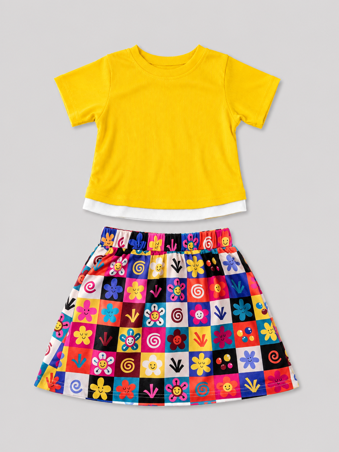 Girls yellow ribbed short-sleeve top with white layered hem and colorful floral checkerboard skirt two-piece outfit, front view, size 4Y.