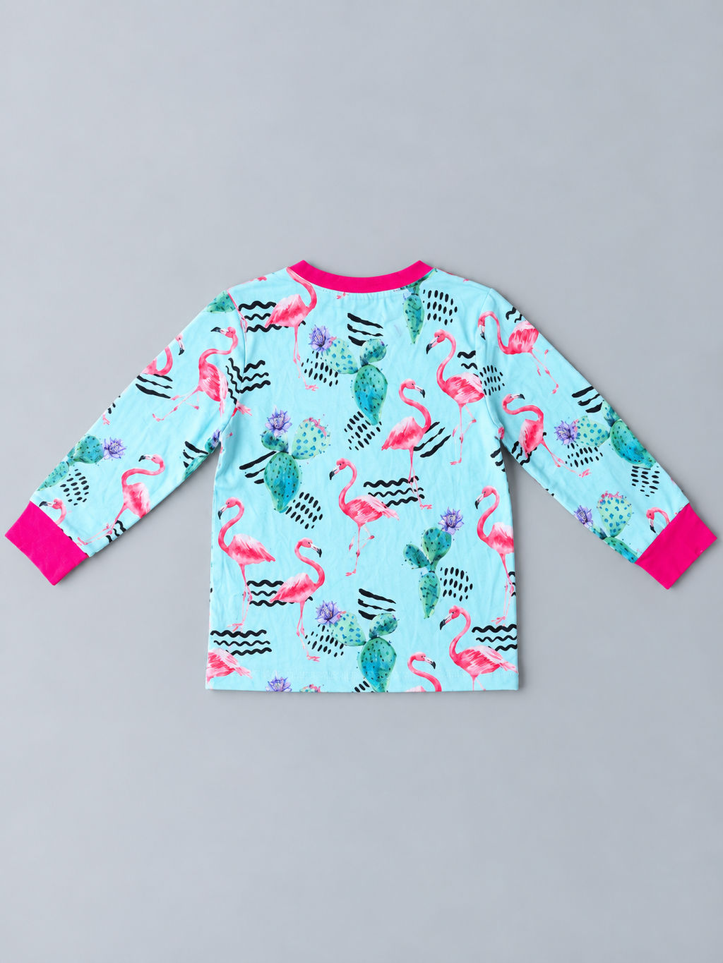 Aqua toddler long-sleeve shirt with allover flamingo and cactus print and hot pink trim