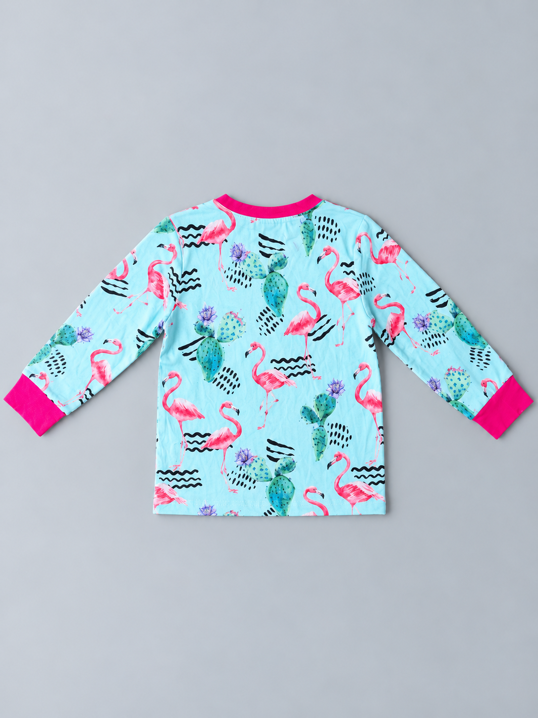 Aqua toddler long-sleeve shirt with allover flamingo and cactus print and hot pink trim