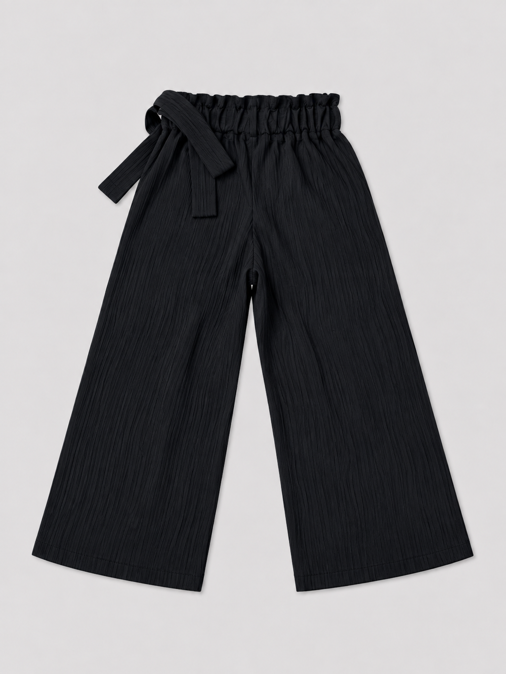 Girls black wide-leg pants, alternate view showing elastic waist and tie detail