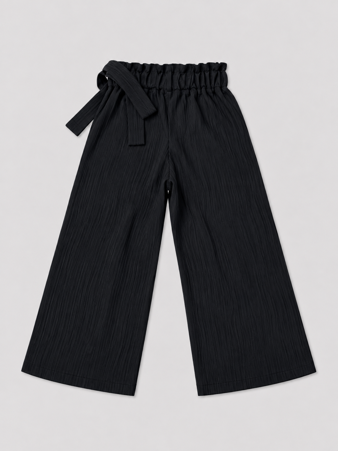 Girls black wide-leg pants, alternate view showing elastic waist and tie detail