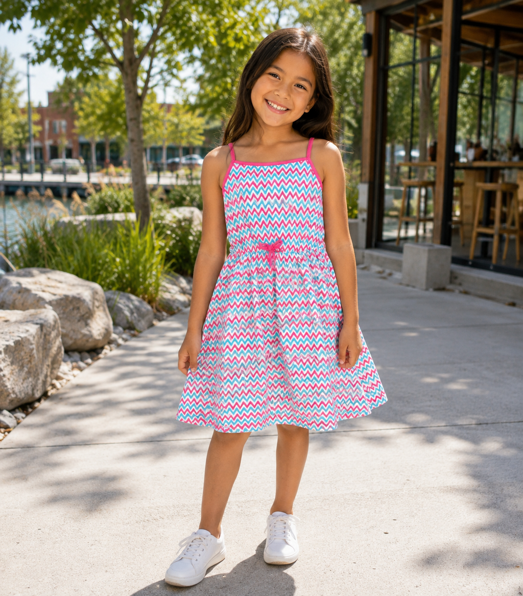 A young girl stands on a sunny outdoor walkway wearing a sleeveless A-line dress with a pink, white, and blue chevron pattern, a pink waist tie, and pink shoulder straps.