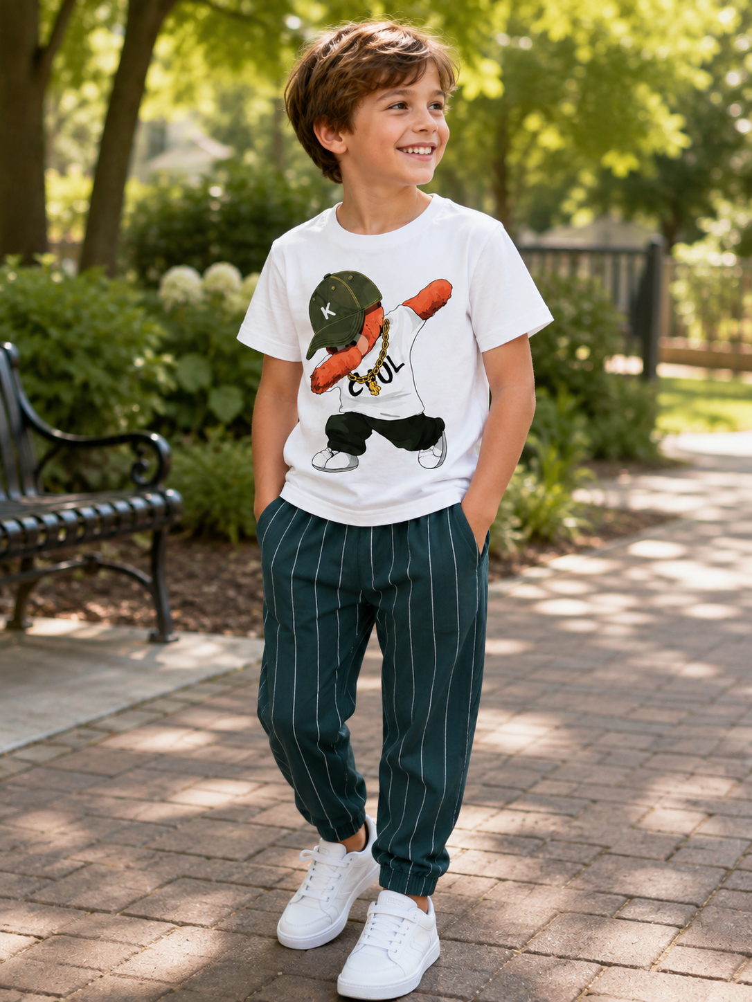Boys’ Hip-Hop Dancer Graphic T-Shirt & Teal Pinstripe Jogger Pants Two-Piece Set