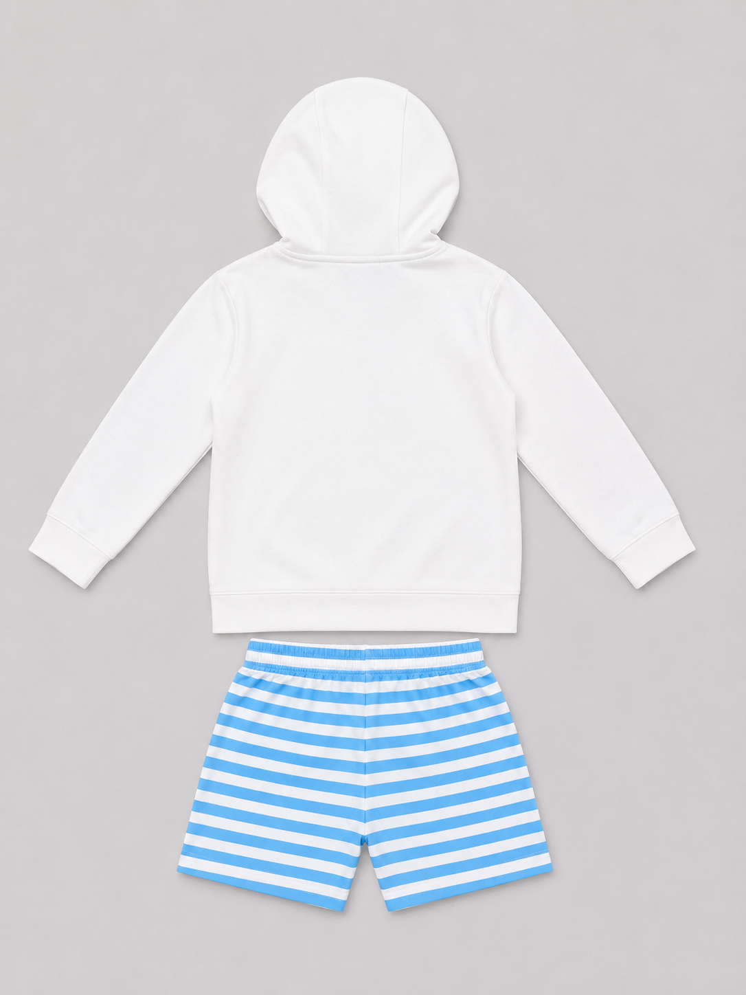 Shop the adorable World Food Day Hoodie & Blue Striped Shorts Set for kids. Featuring a fun food-inspired graphic, cozy white hoodie, and comfortable blue-and-white striped shorts.