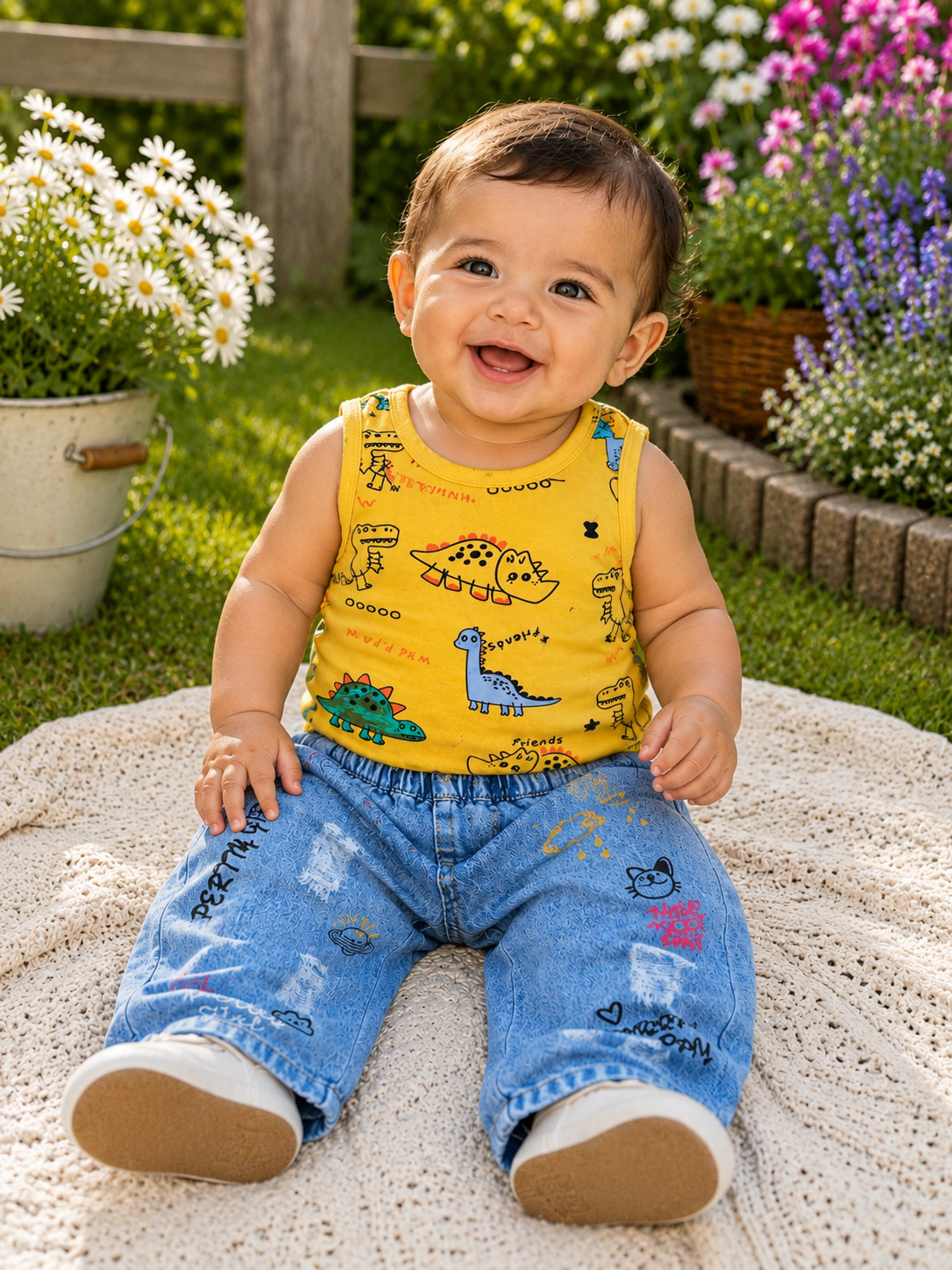 Boys Dinosaur Tank Top & Faux Denim Jogger Pants 2-Piece Outfit Set