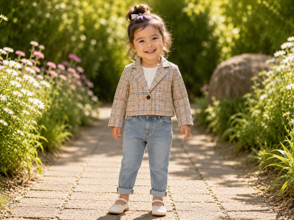 Beige Plaid Girls Cropped Blazer Jacket