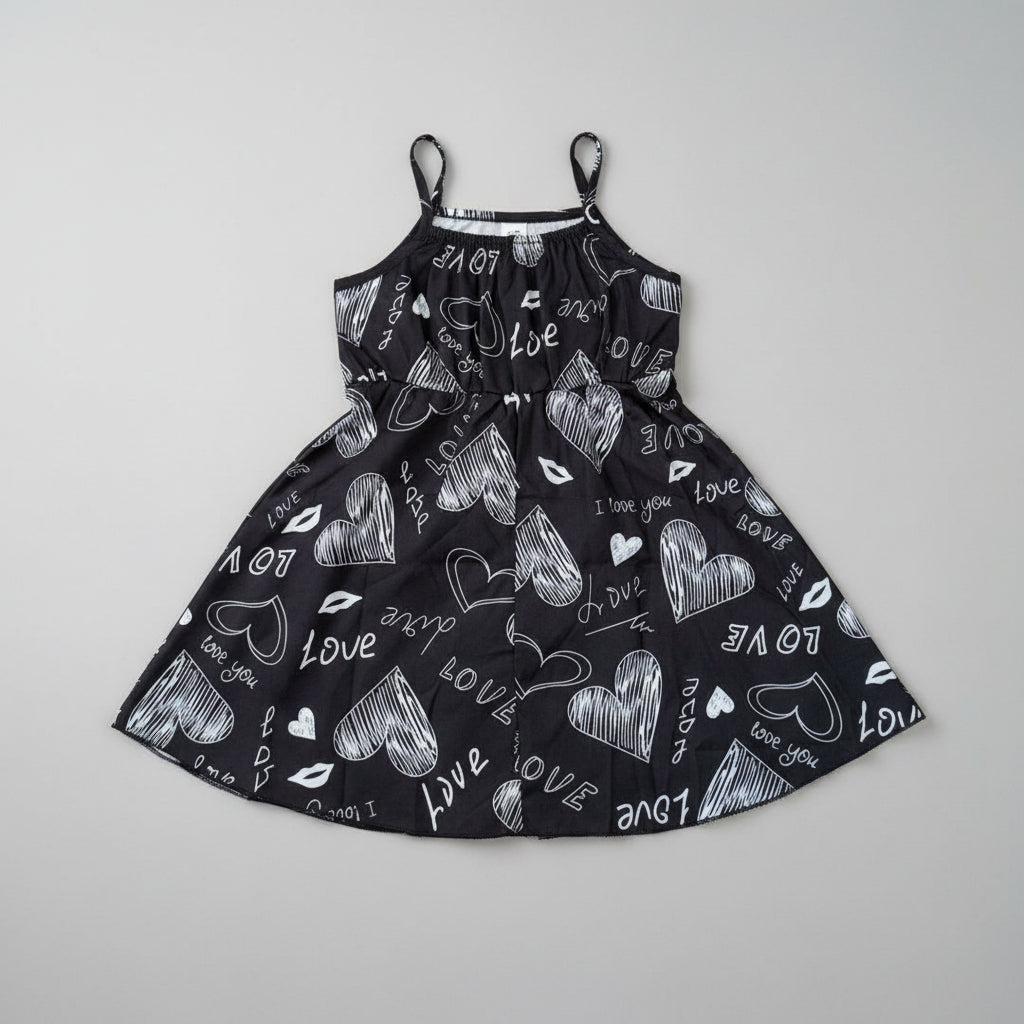 Back side of a black sleeveless dress with a white 'love' and heart pattern.