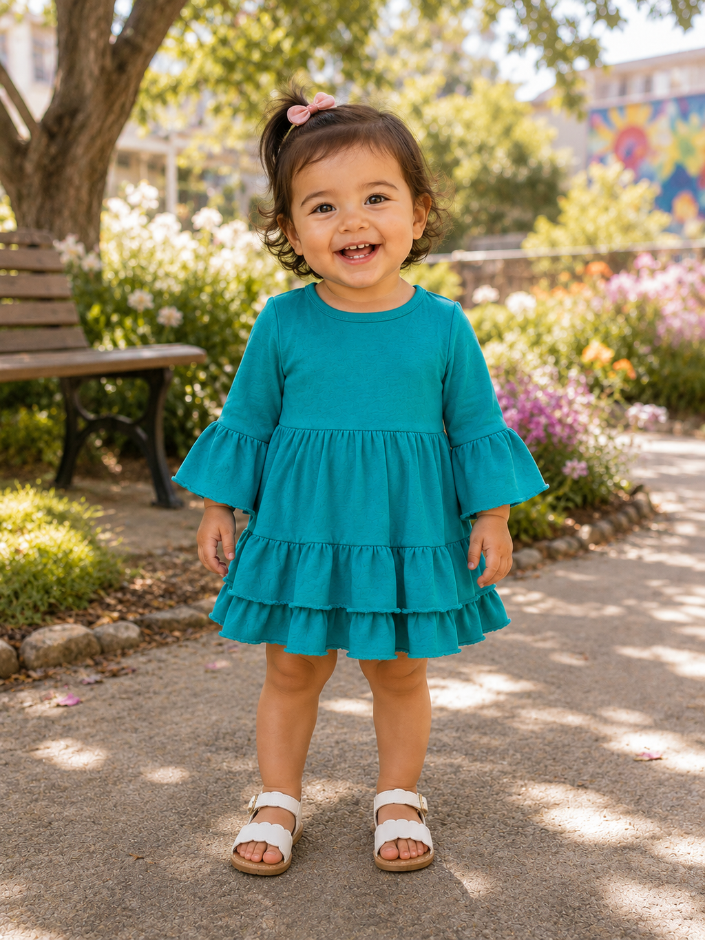 Turquoise Tiered Ruffle Bell Sleeve Girls Dress