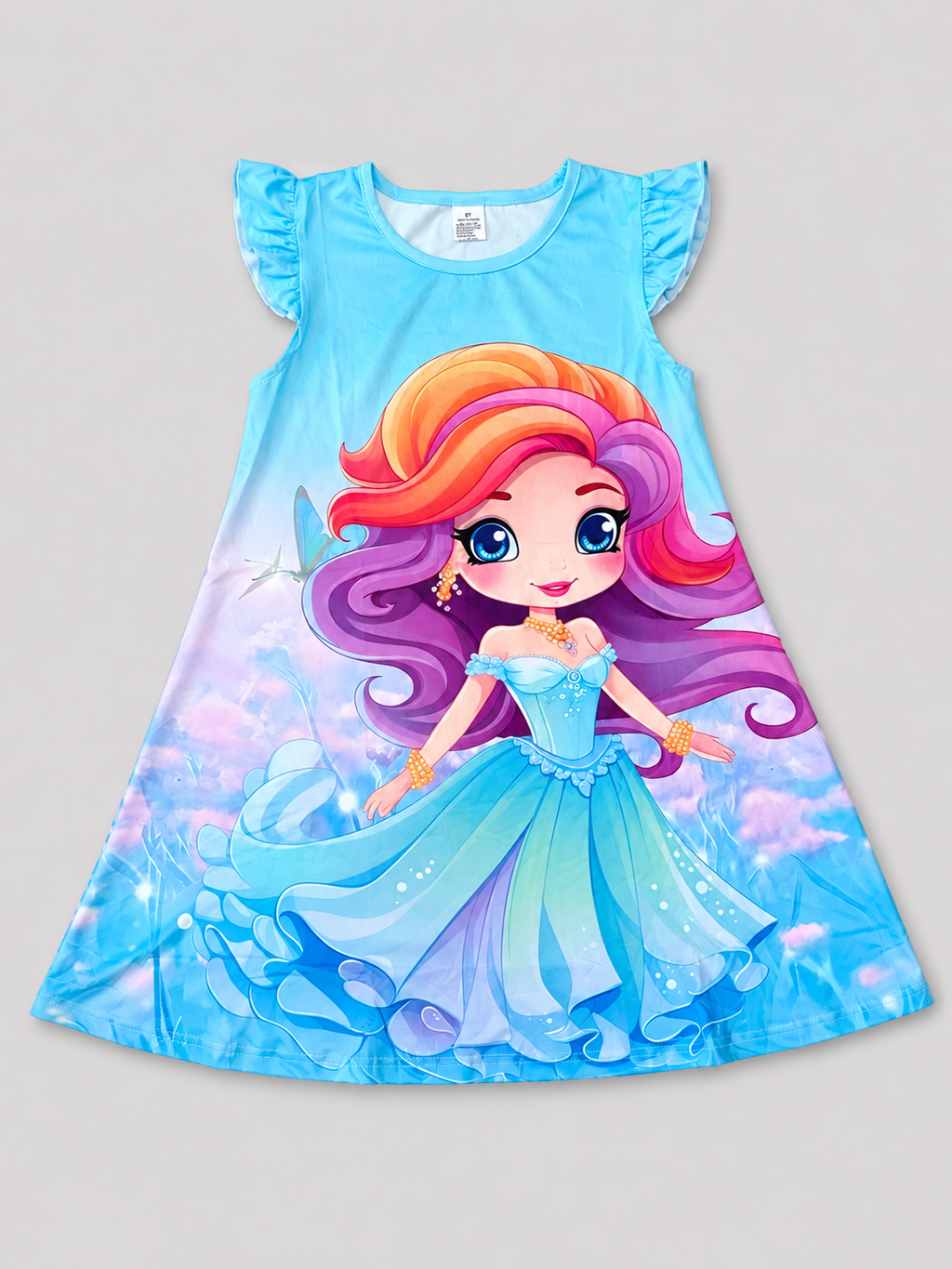 Girls blue A-line dress with colorful princess graphic and flutter sleeves, front view, size 8Y.