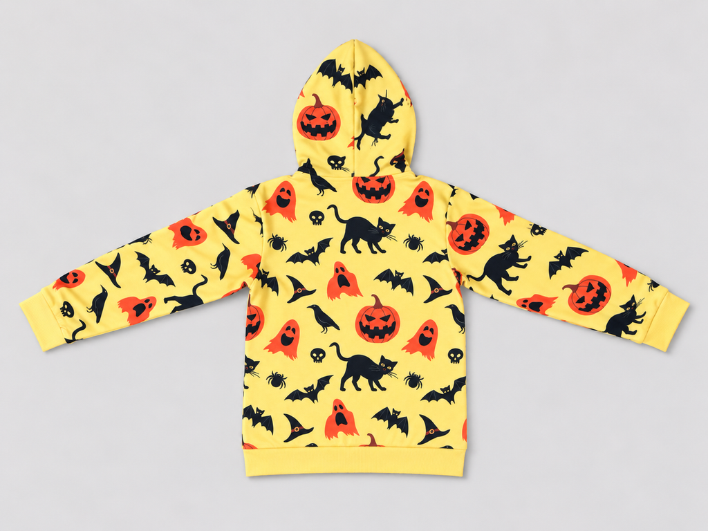 Girls yellow Halloween print hooded sweatshirt, back view