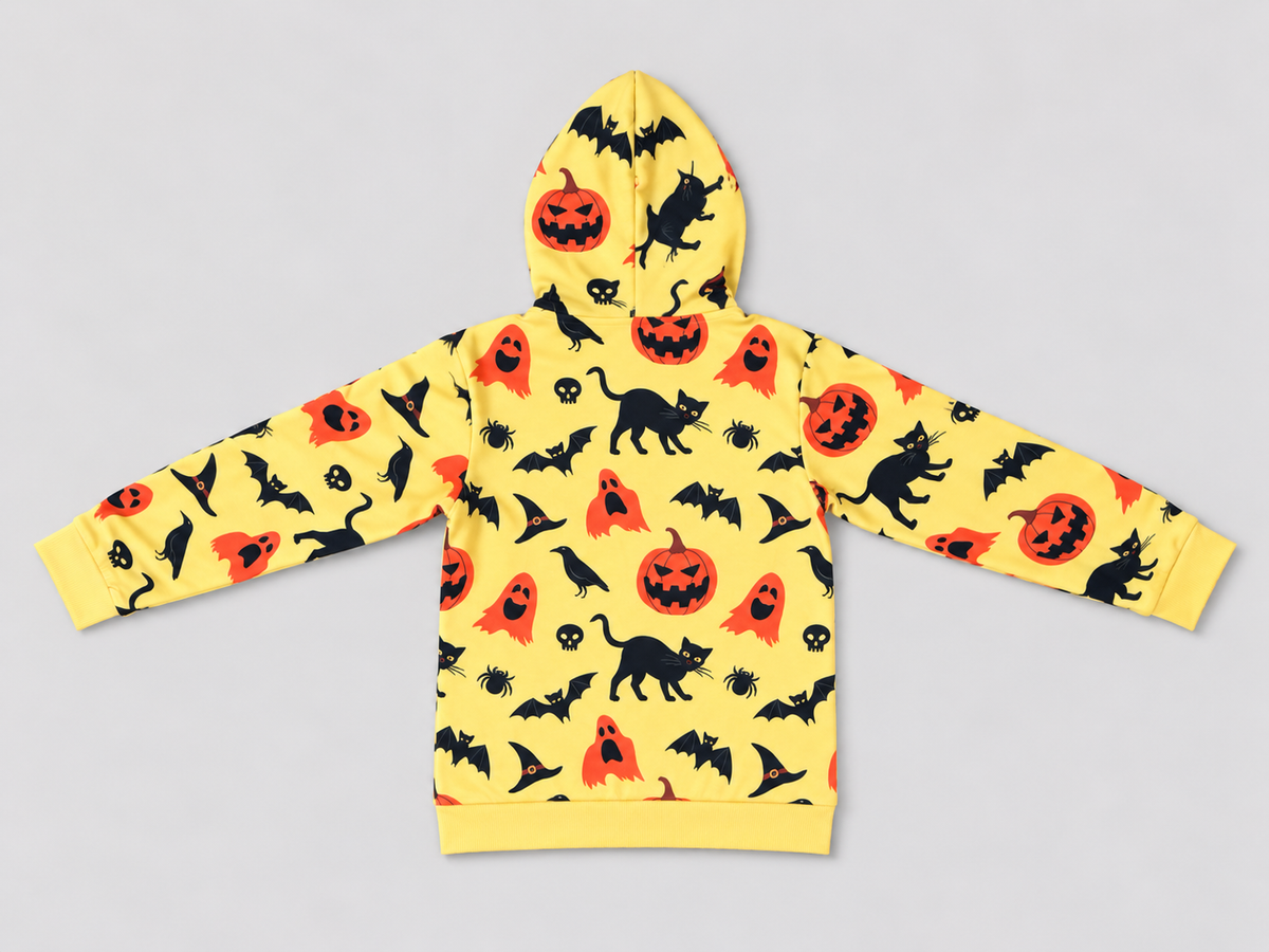 Girls yellow Halloween print hooded sweatshirt, back view
