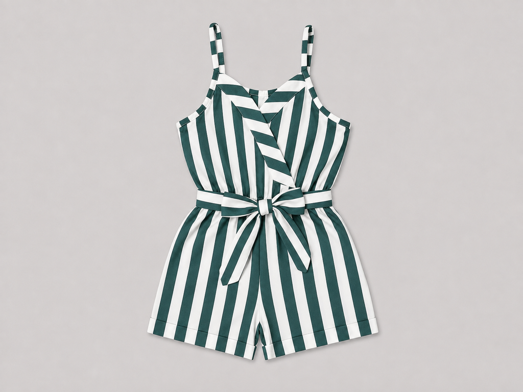 Green and white striped girls' romper featuring a sleeveless design, coordinating tie waist, and comfortable shorts silhouette. Perfect for everyday wear, vacations, special occasions, and summer outfits.