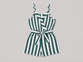 Green and white striped girls' romper featuring a sleeveless design, coordinating tie waist, and comfortable shorts silhouette. Perfect for everyday wear, vacations, special occasions, and summer outfits.
