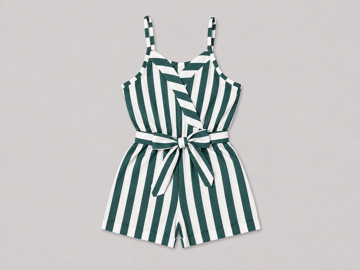 Green and white striped girls' romper featuring a sleeveless design, coordinating tie waist, and comfortable shorts silhouette. Perfect for everyday wear, vacations, special occasions, and summer outfits.