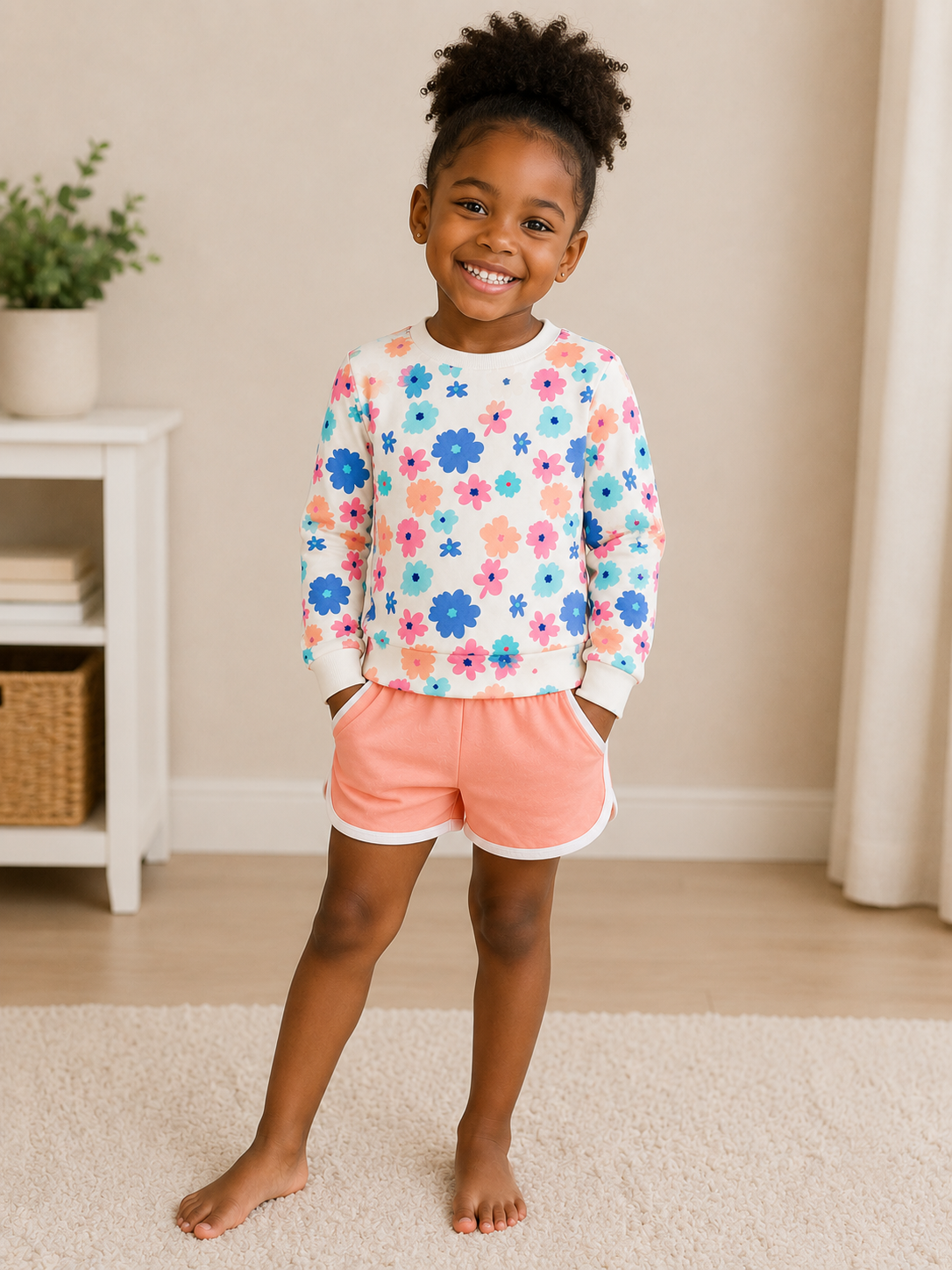 Girls’ Floral Long-Sleeve Top & Coral Sport Shorts Two-Piece Set
