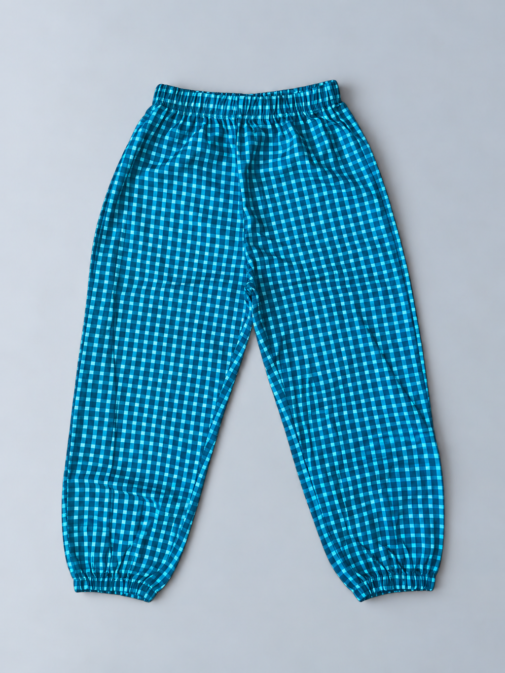 Girls blue and turquoise gingham jogger pants with elastic waistband and elasticized ankle cuffs