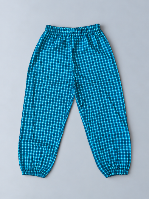 Girls blue and turquoise gingham jogger pants with elastic waistband and elasticized ankle cuffs
