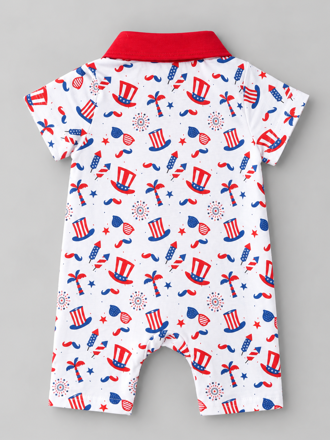 Back view of baby boys white patriotic romper with red collar and red blue Americana print